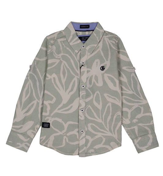 Fyst Boys' Sage Green and Off-White Floral Leaf Outline Print Long-Sleeve Button-Down Shirt, flat lay view on black background.