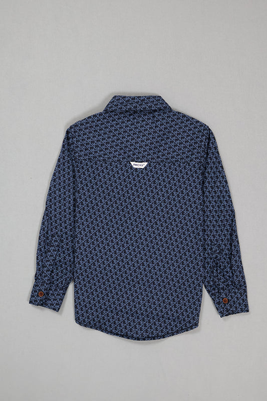 Blue patterned shirt on a gray background