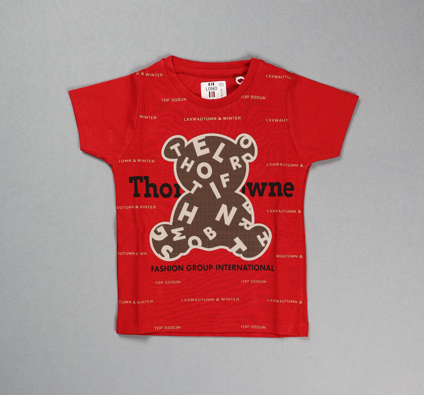 Red t-shirt with a brown bear graphic and text on a gray background