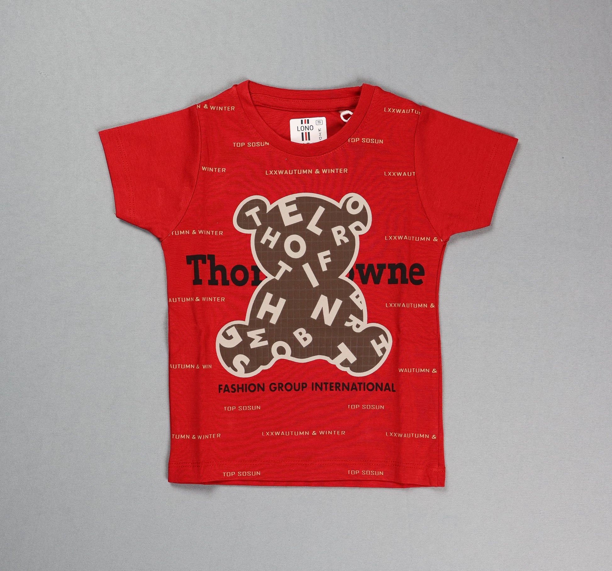 Red t-shirt with a brown bear graphic and text on a gray background