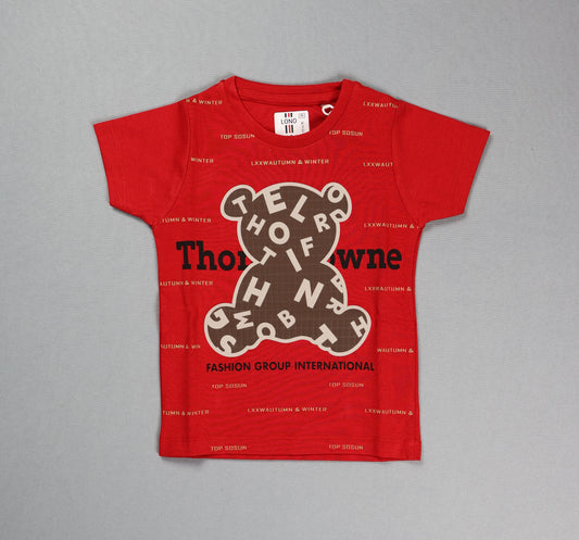 Red t-shirt with a brown bear graphic and text on a gray background