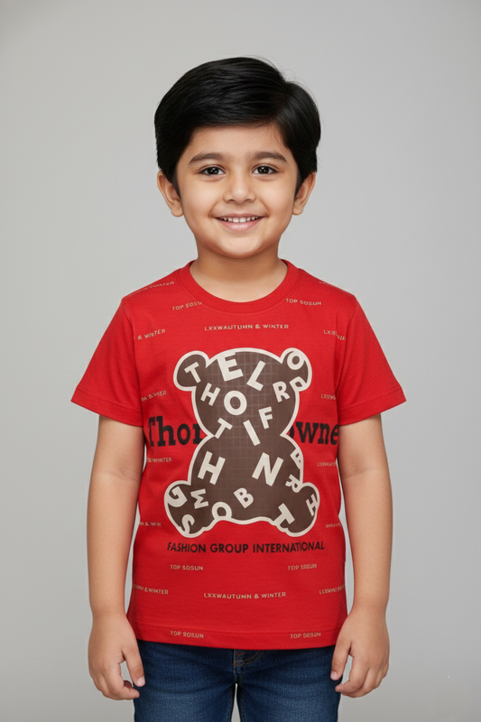 Fyst Cotton Knit Abstract Bear Print T-Shirt for Boys - Red - Fyst Fashion