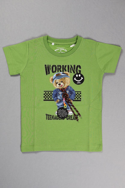 Green t-shirt with a bear graphic and text on a gray background