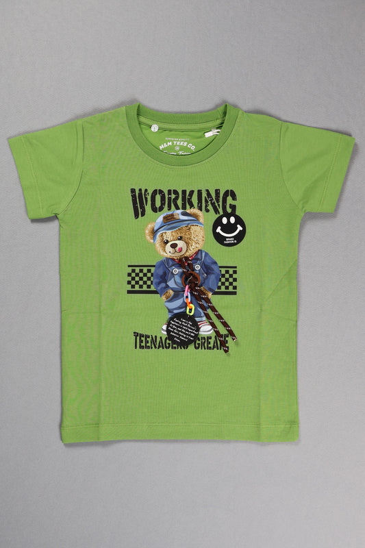 Green t-shirt with a bear graphic and text on a gray background