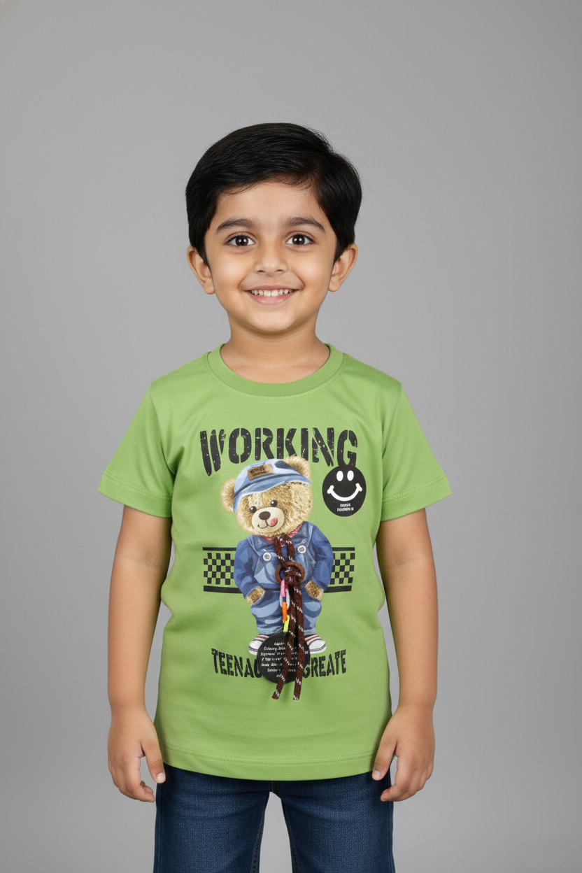 Fyst Cotton Knit Bear Graphic Print T-Shirt for Boys - Green - Fyst Fashion