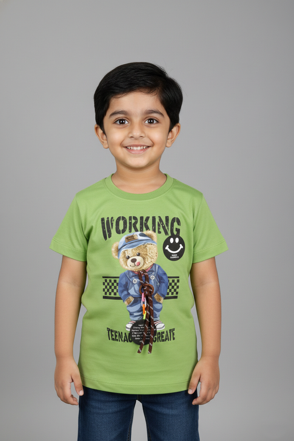 Fyst Cotton Knit Bear Graphic Print T-Shirt for Boys - Green