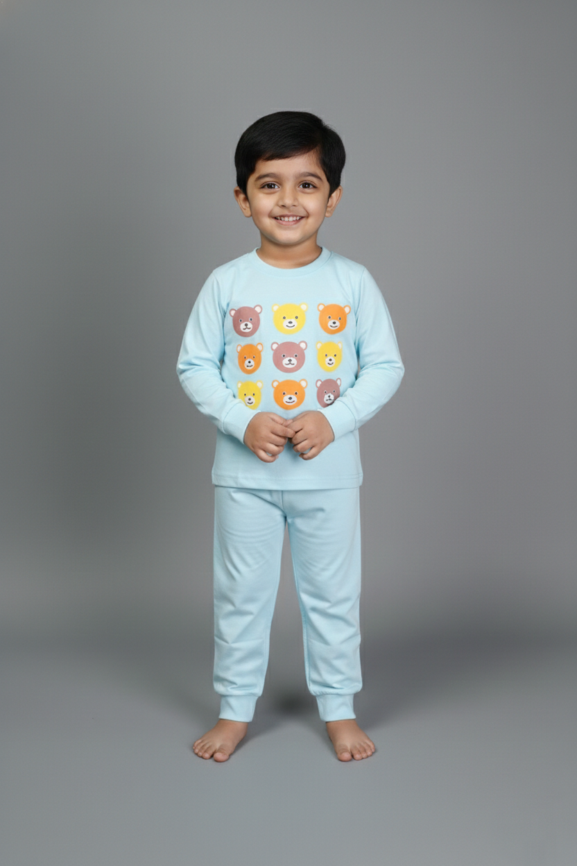 Fyst Cotton Knit Colorful Bear Print Top & Bottom Set for Boys - Light Blue - Fyst Fashion