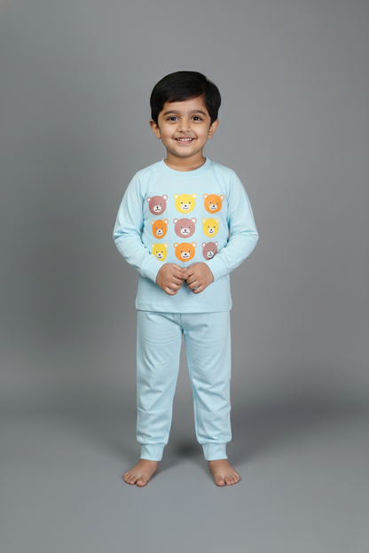 Fyst Cotton Knit Colorful Bear Print Top & Bottom Set for Boys - Light Blue - Fyst Fashion
