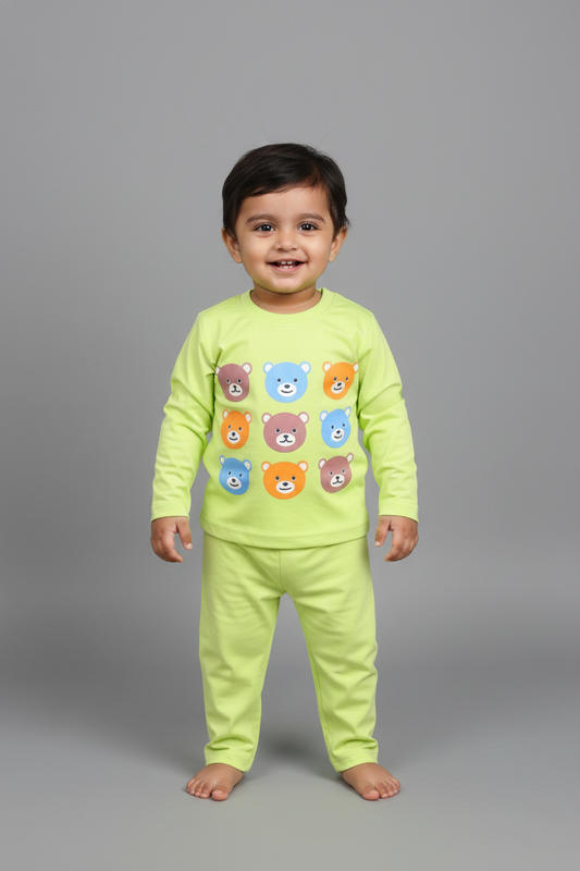 Fyst Cotton Knit Colorful Bear Print Top & Bottom Set for Boys - Lime Green - Fyst Fashion