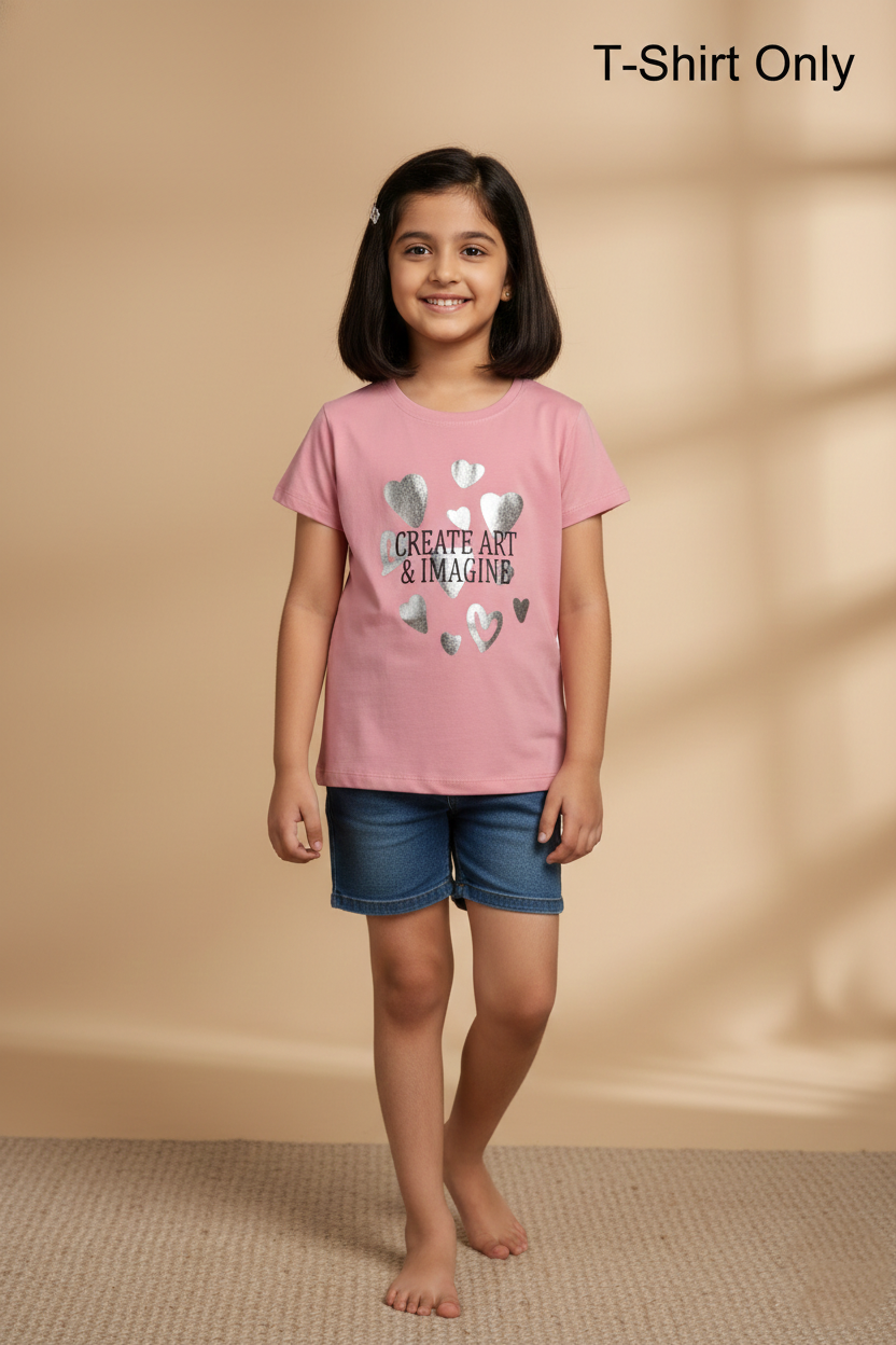 Fyst Cotton Knit "Create Art" Heart Print T-Shirt for Girls - Pink - Fyst Fashion
