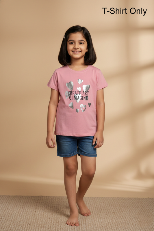 Fyst Cotton Knit "Create Art" Heart Print T-Shirt for Girls - Pink - Fyst Fashion