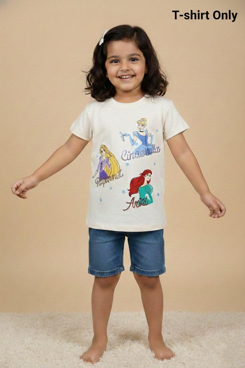 Fyst Cotton Knit Disney Princess Trio Print T-Shirt for Girls - Cream - Fyst Fashion