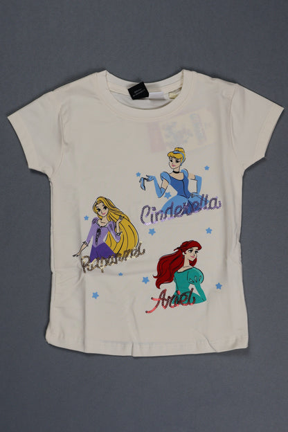 Fyst Cotton Knit Disney Princess Trio Print T-Shirt for Girls - Cream - Fyst Fashion