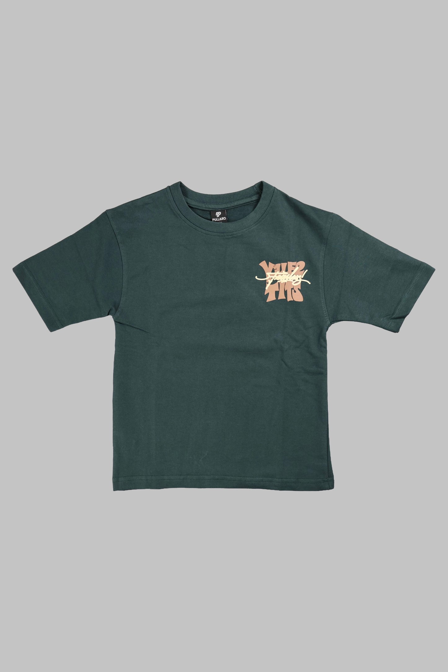 Green t-shirt with a small graphic on a gray background