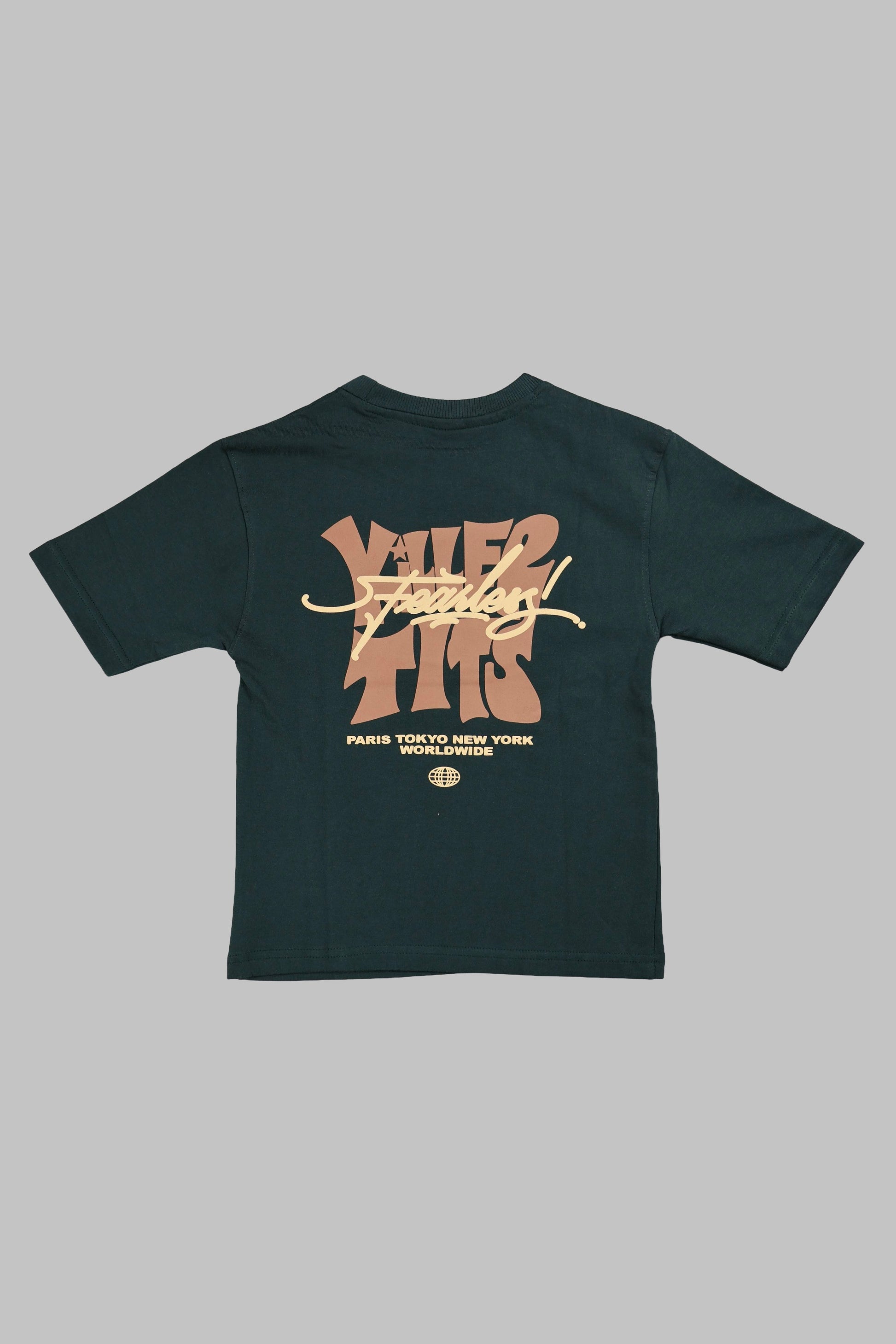 Black t-shirt with gold and white text on a gray background