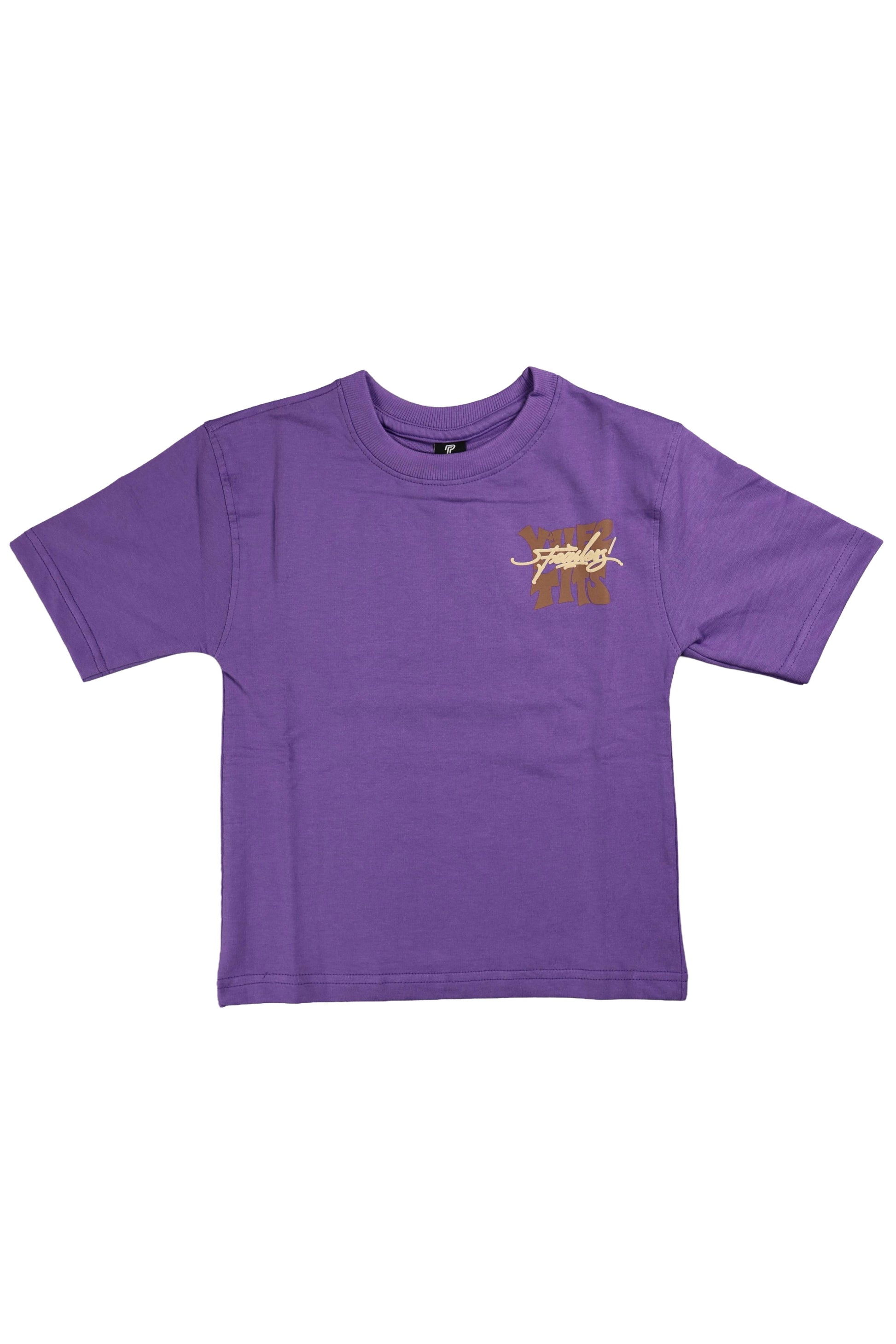 Purple t-shirt with a small logo on a white background