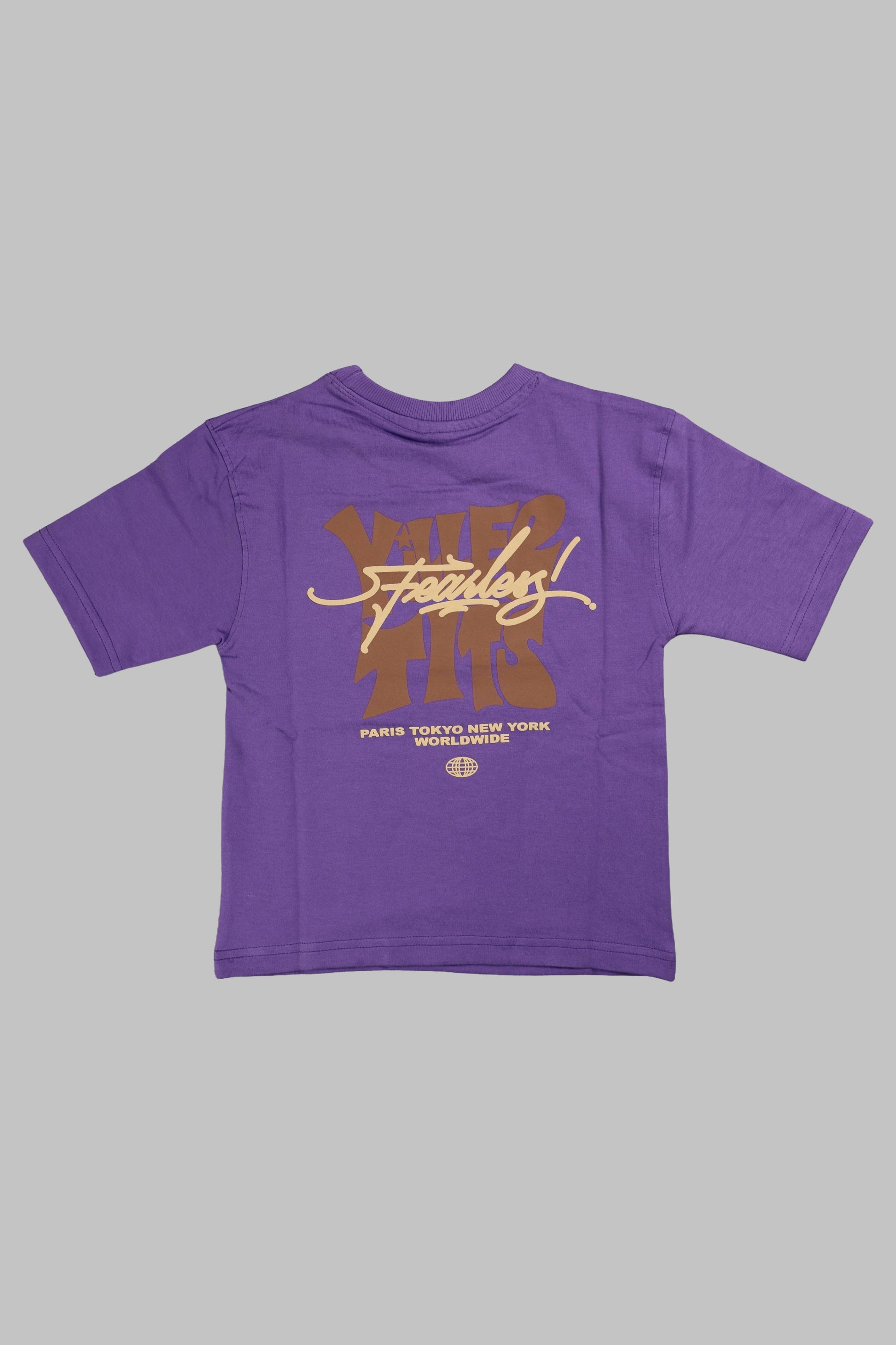 Purple t-shirt with gold and white text and graphics on a gray background