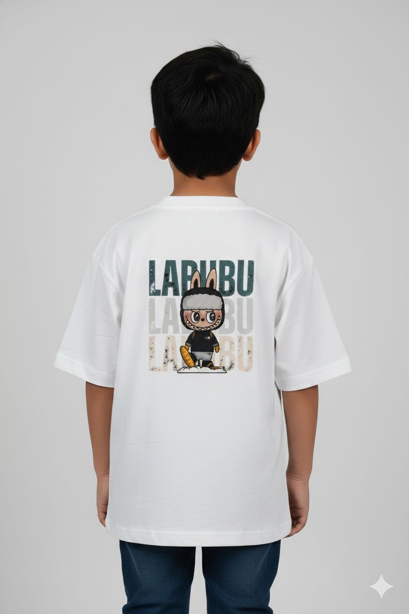 Person wearing a white t-shirt with 'LARMBU' branding and character design on the back.