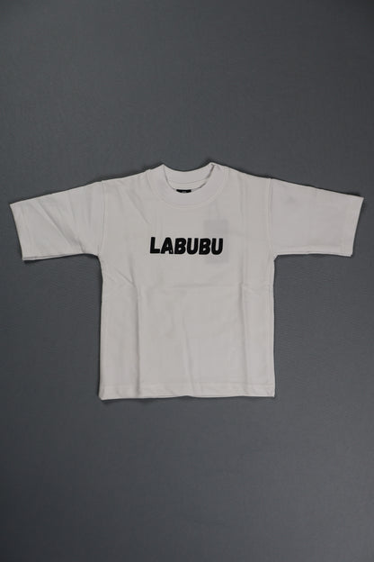 White sleeveless top with 'LABUBU' branding on a gray background