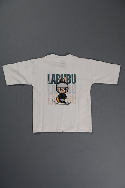 White t-shirt with graphic design on a gray background