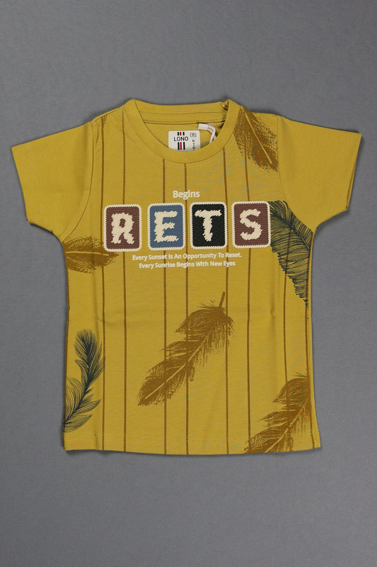 Yellow t-shirt with feather design and text on a gray background