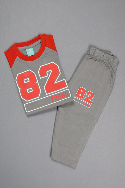 Gray sweatpants with red '82' print on a gray background