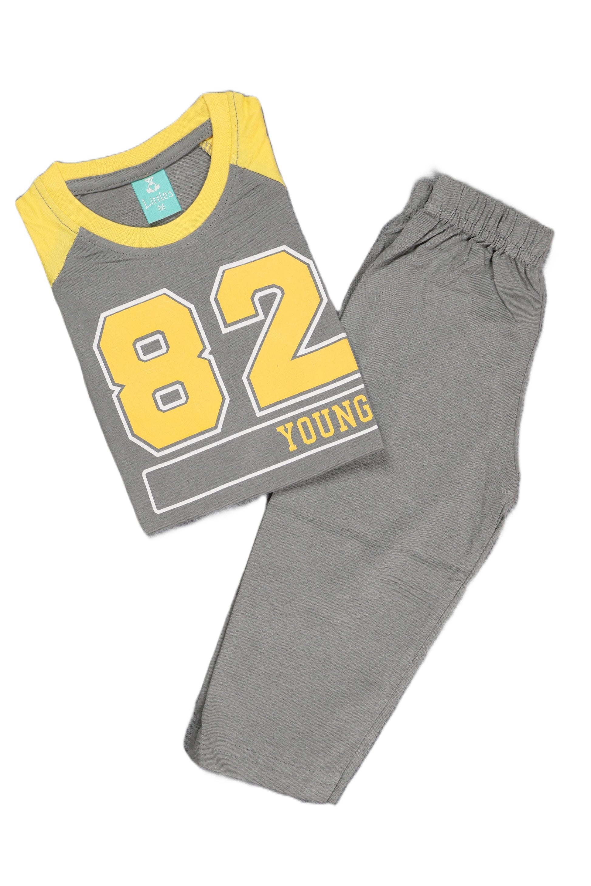 Children's outfit with gray shirt and pants featuring yellow numbers and text on a white background