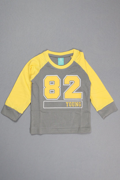 Gray and yellow long-sleeve shirt with number design on a gray background