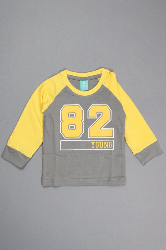 Gray and yellow long-sleeve shirt with number design on a gray background