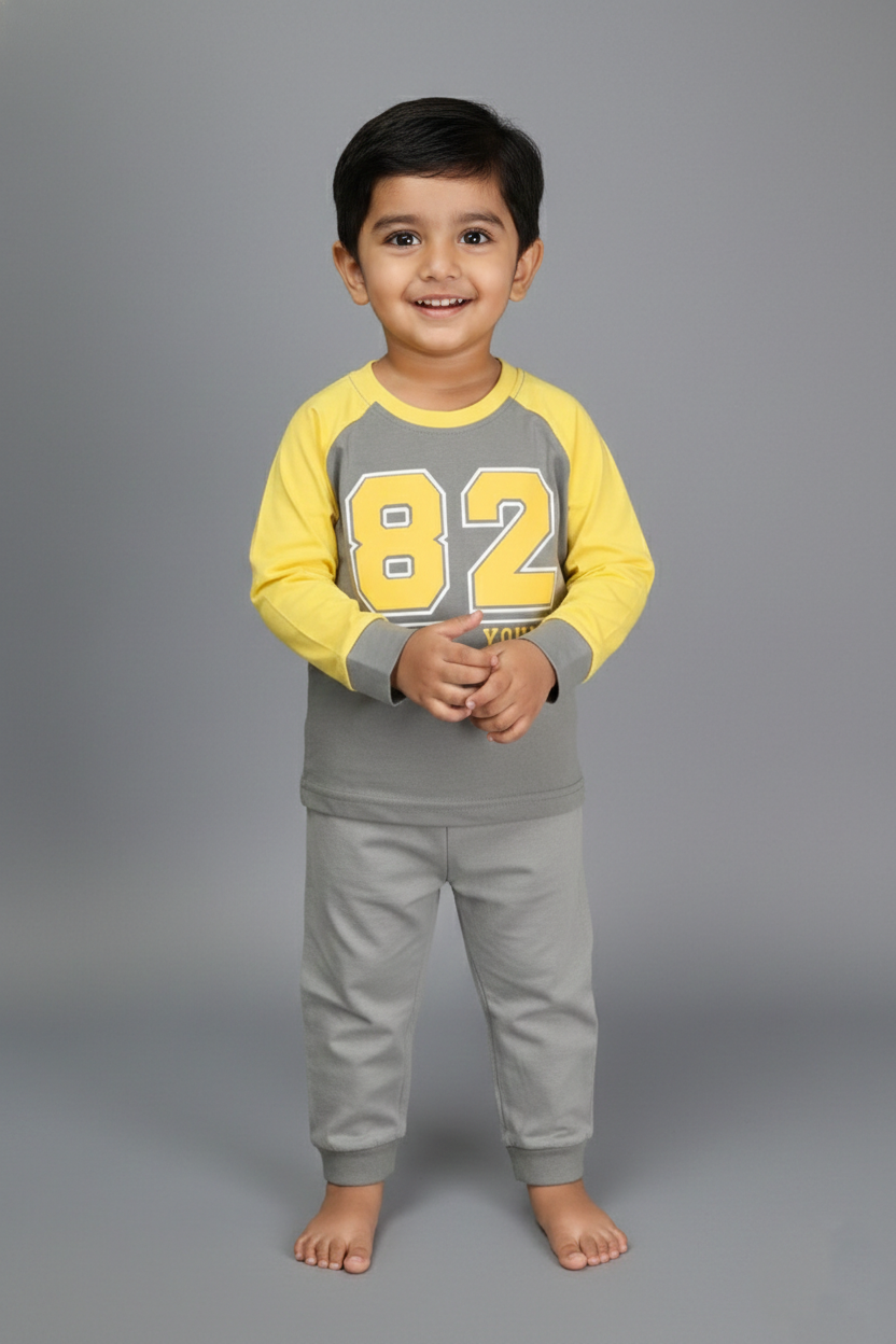 Fyst Cotton Knit Full Sleeves Sporty Set for Boys - Grey & Yellow - Fyst Fashion