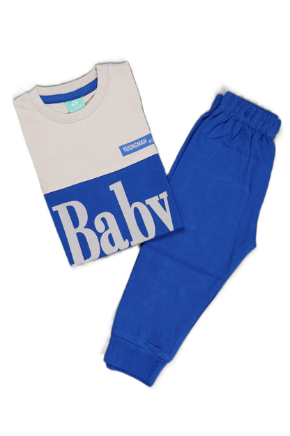 Children's blue and gray outfit with 'Baby' text on a white background
