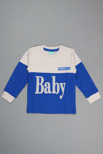 Blue and white long-sleeve shirt with 'Baby' text on a gray background