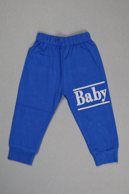 Blue baby pants with 'Baby' print on a gray background