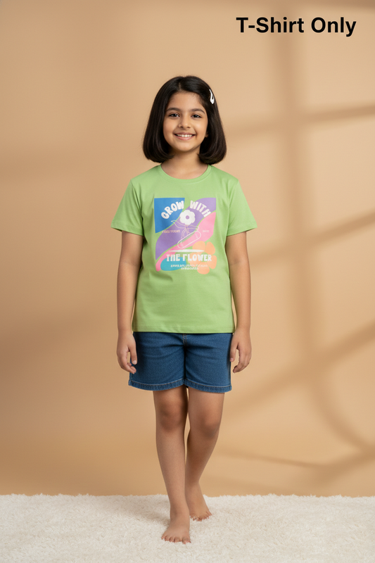 Fyst Cotton Knit "Grow with the flower" Print T-Shirt for Girls - Light Green - Fyst Fashion