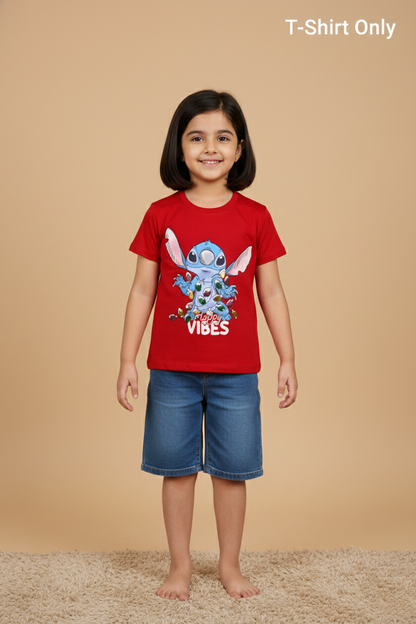 Fyst Cotton Knit "Happy Vibes" Print T-Shirt for Girls - Red - Fyst Fashion