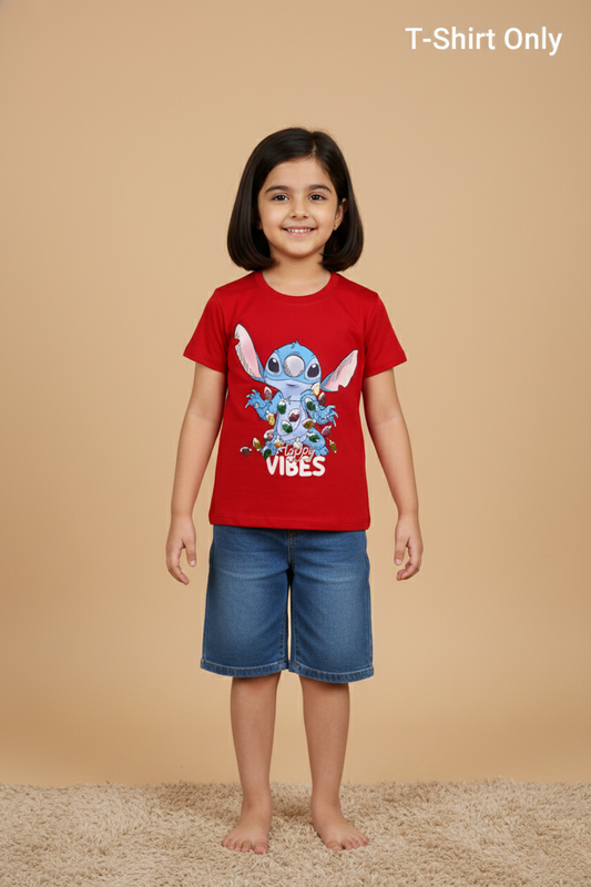 Fyst Cotton Knit "Happy Vibes" Print T-Shirt for Girls - Red - Fyst Fashion