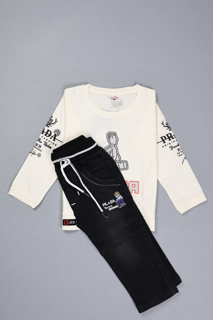 Black pants and white shirt with text on a gray background