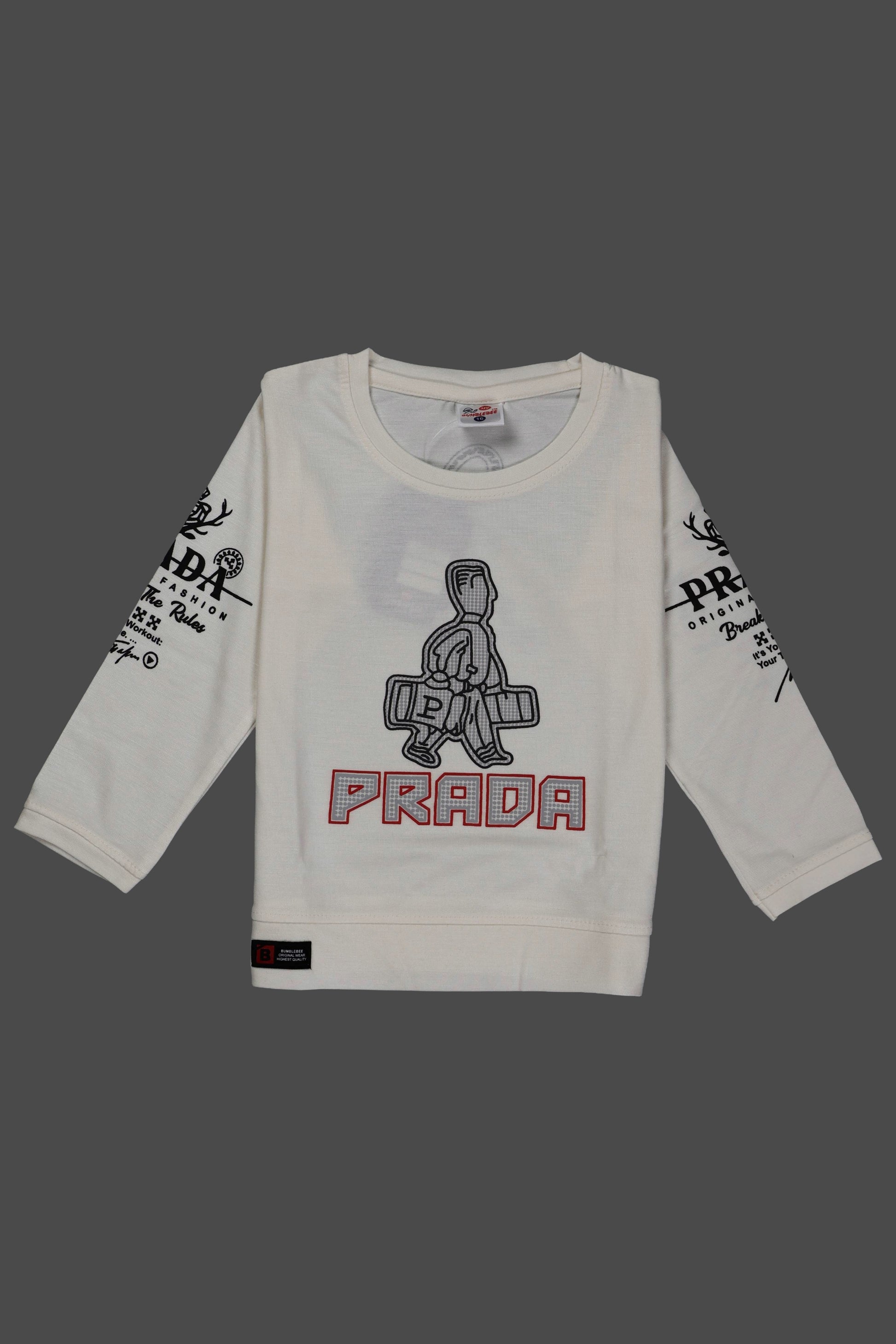 White sweatshirt with graphic design and 'Prada' branding on a gray background