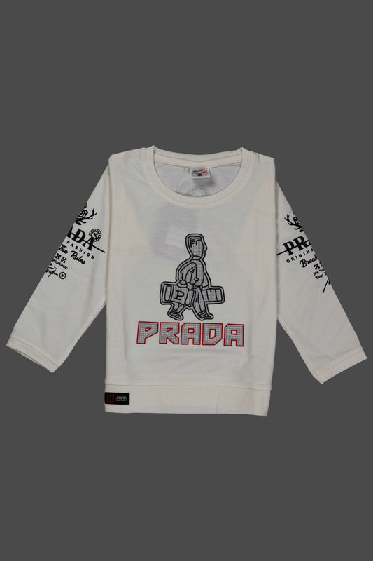 White sweatshirt with graphic design and 'Prada' branding on a gray background