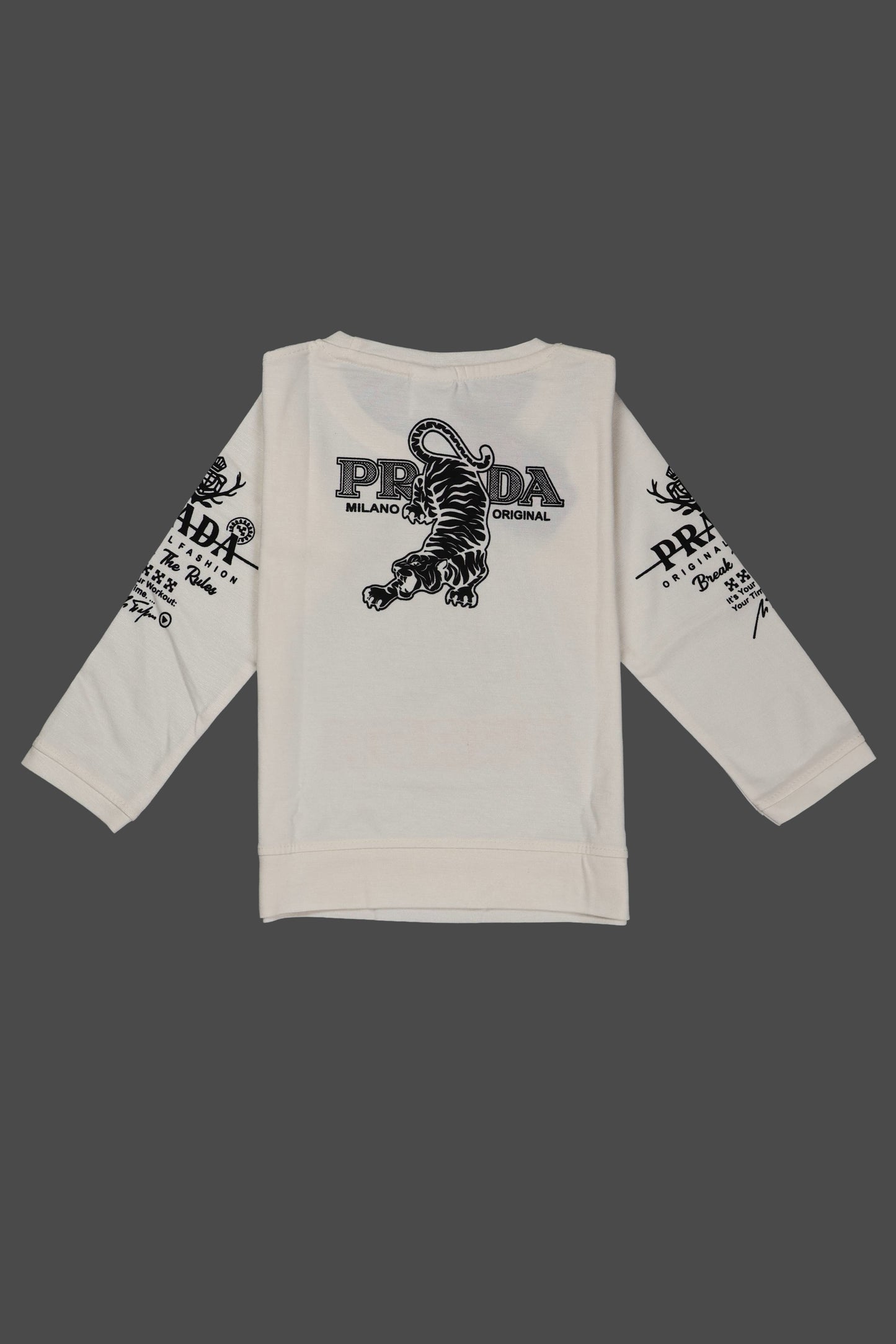 White sweatshirt with black Prada logo and text on a dark background