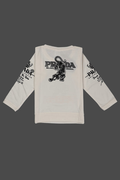 White sweatshirt with black Prada logo and text on a dark background