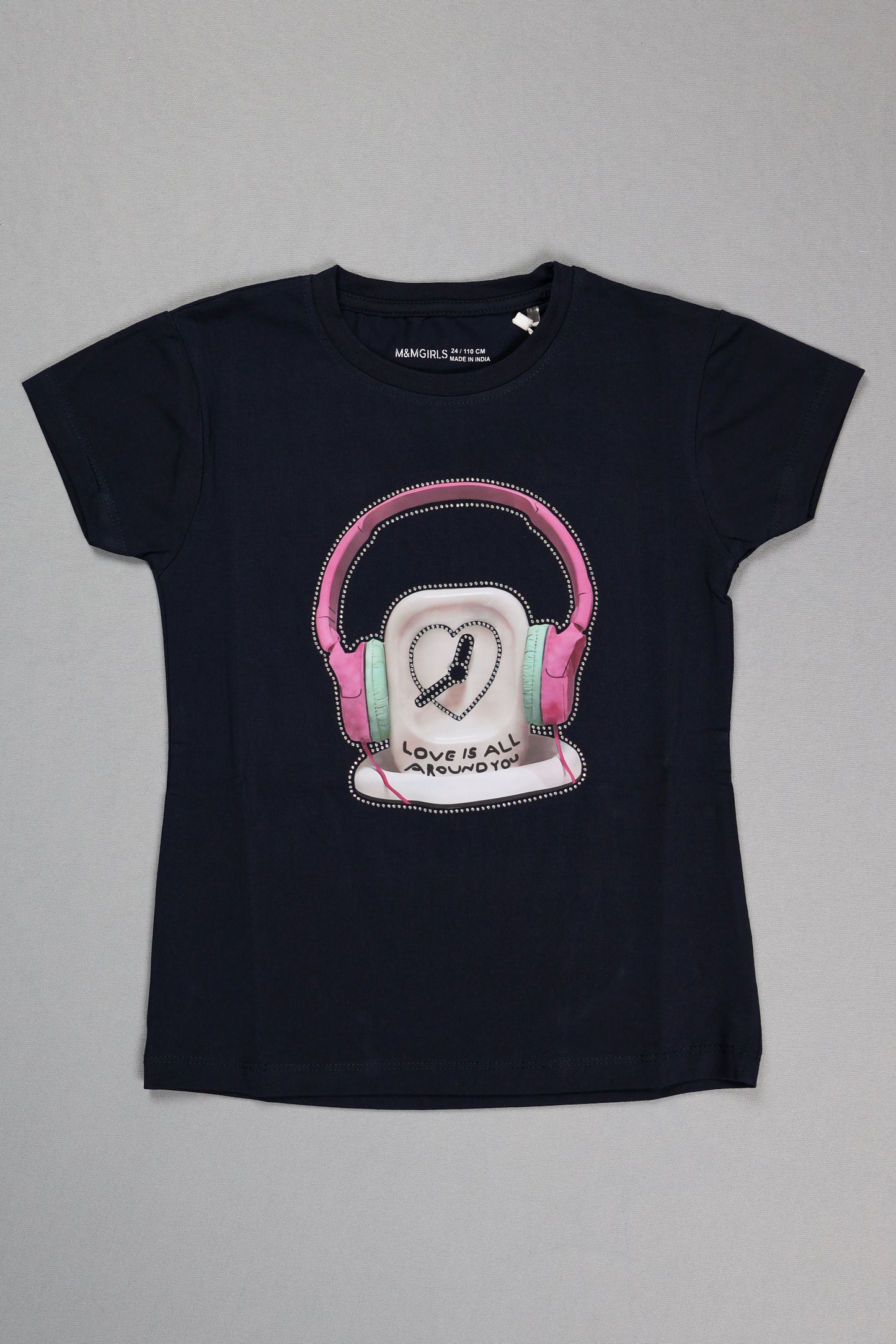 Fyst Cotton Knit "Love Is All Around" Headphones Print T-Shirt for Girls - Navy Blue - Fyst Fashion