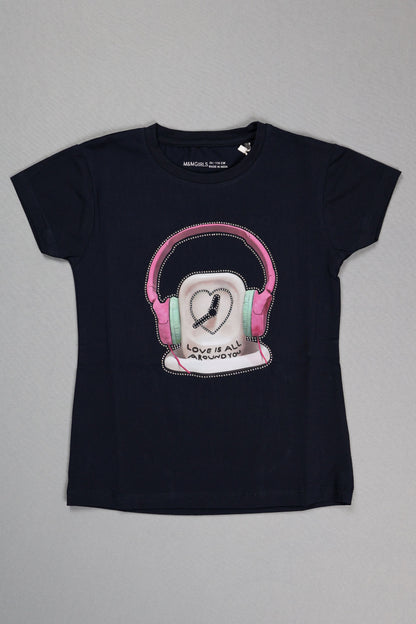 Fyst Cotton Knit "Love Is All Around" Headphones Print T-Shirt for Girls - Navy Blue - Fyst Fashion