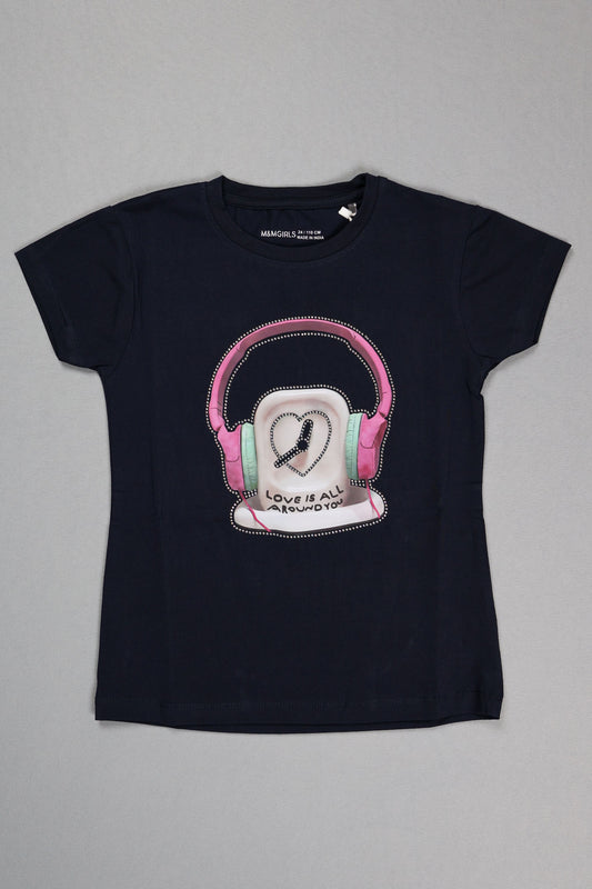 Fyst Cotton Knit "Love Is All Around" Headphones Print T-Shirt for Girls - Navy Blue - Fyst Fashion