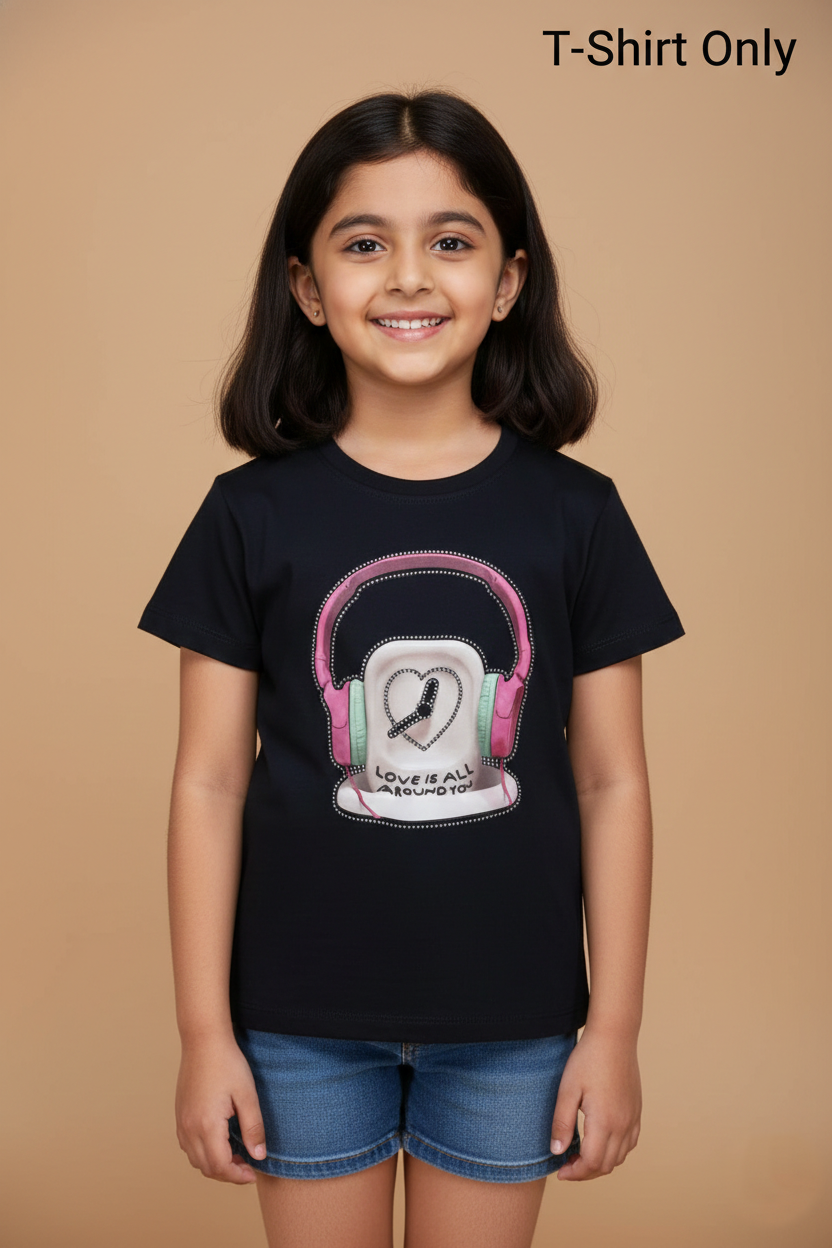 Fyst Cotton Knit "Love Is All Around" Headphones Print T-Shirt for Girls - Navy Blue - Fyst Fashion