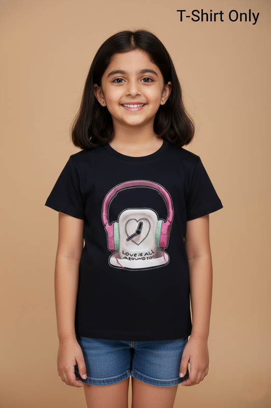 Fyst Cotton Knit "Love Is All Around" Headphones Print T-Shirt for Girls - Navy Blue - Fyst Fashion