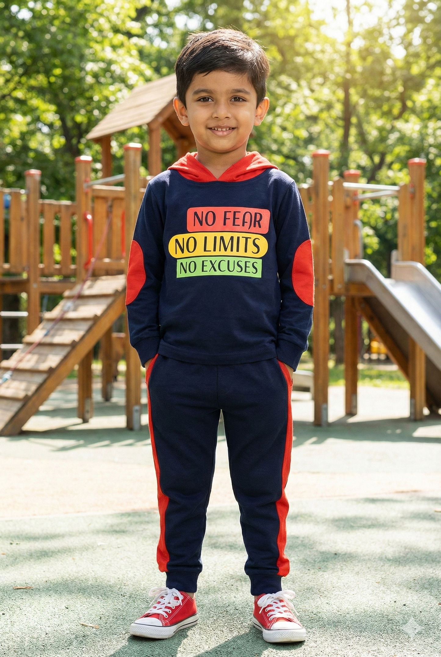 A young boy smiling outdoors in a navy blue hooded tracksuit. The sweatshirt features yellow elbow patches and a motivational graphic reading "NO FEAR NO LIMITS NO EXCUSES." The matching joggers have a sporty yellow stripe down the side, and he is wearing bright yellow sneakers.