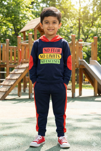 A young boy smiling outdoors in a navy blue hooded tracksuit. The sweatshirt features yellow elbow patches and a motivational graphic reading "NO FEAR NO LIMITS NO EXCUSES." The matching joggers have a sporty yellow stripe down the side, and he is wearing bright yellow sneakers.