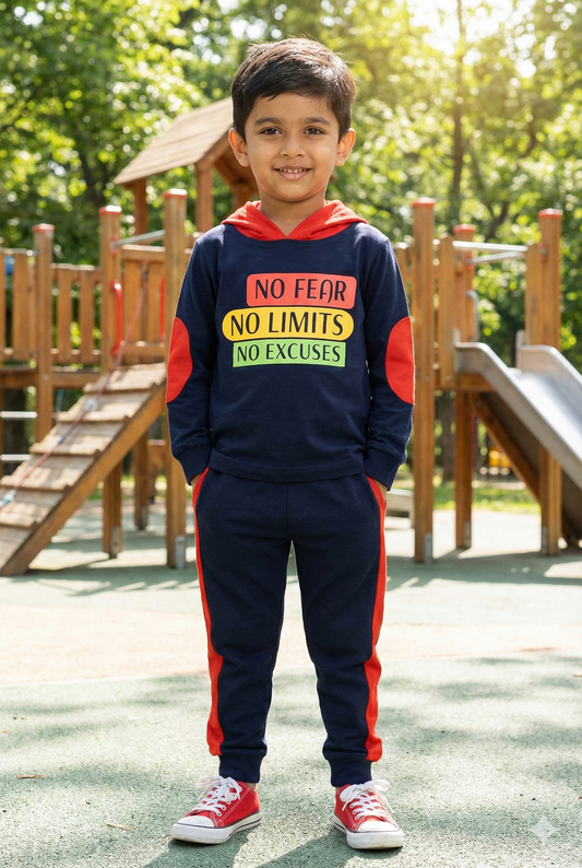A young boy smiling outdoors in a navy blue hooded tracksuit. The sweatshirt features yellow elbow patches and a motivational graphic reading "NO FEAR NO LIMITS NO EXCUSES." The matching joggers have a sporty yellow stripe down the side, and he is wearing bright yellow sneakers.