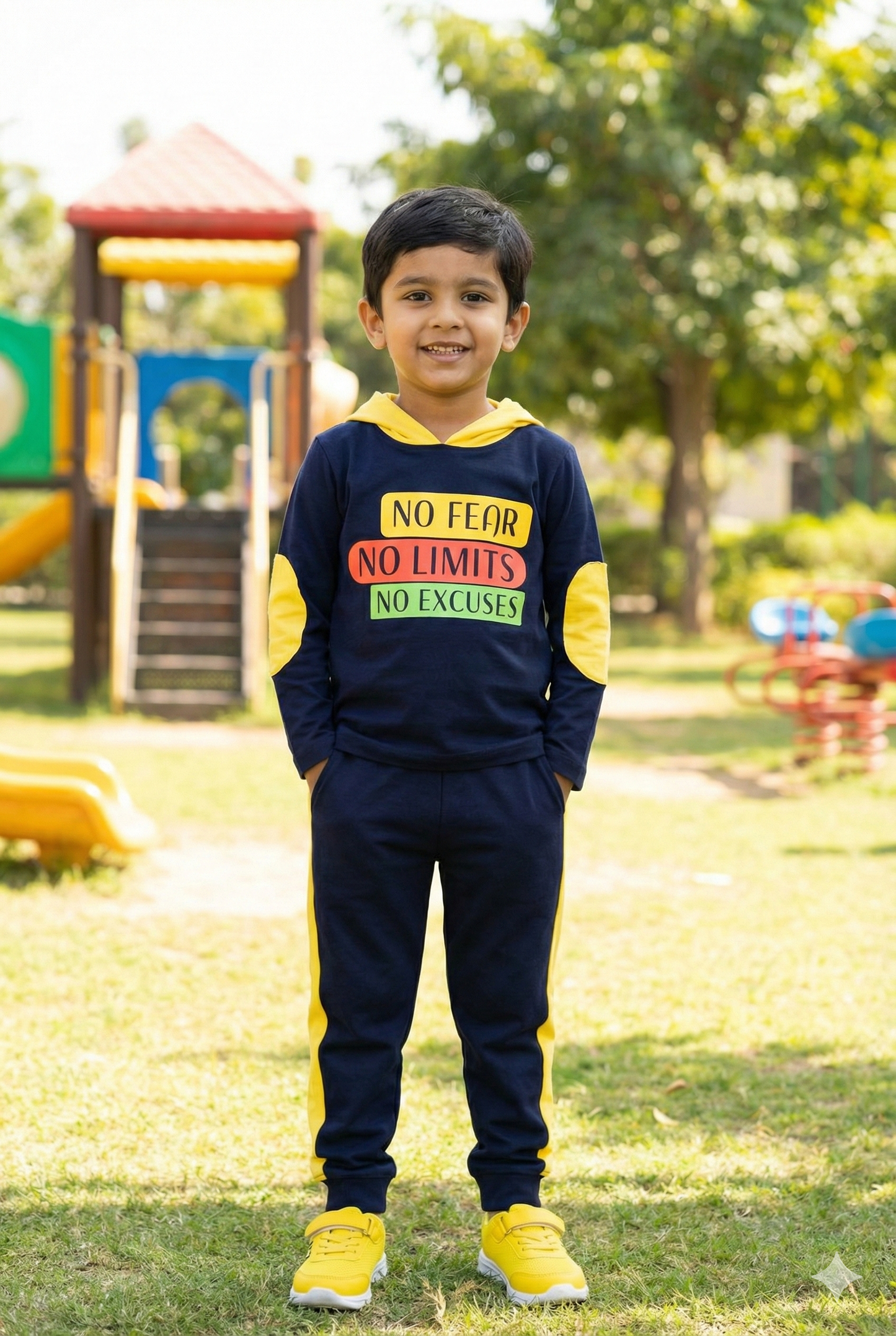 A young boy smiling outdoors in a navy blue hooded tracksuit. The sweatshirt features yellow elbow patches and a motivational graphic reading "NO FEAR NO LIMITS NO EXCUSES." The matching joggers have a sporty yellow stripe down the side, and he is wearing bright yellow sneakers.